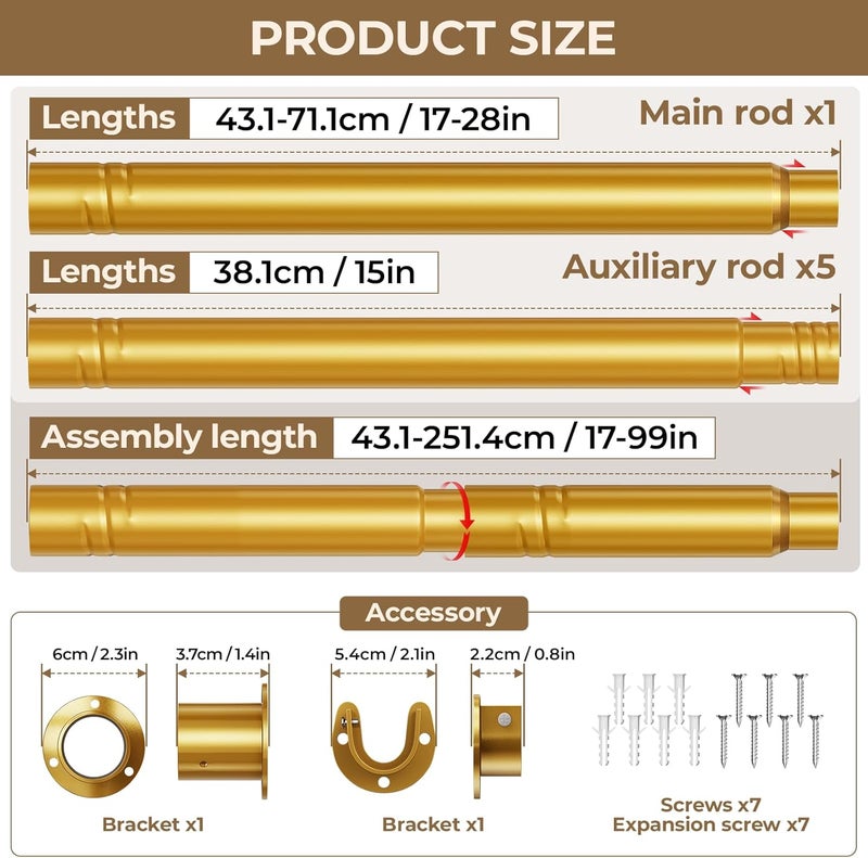 Mavivegue Closet Rod, 17 to 99 Inch Gold Adjustable Closet Rods for Hanging Clothes, Hanging Rod for Closet Wardrobes Laundry RV, Bathroom - Image 3